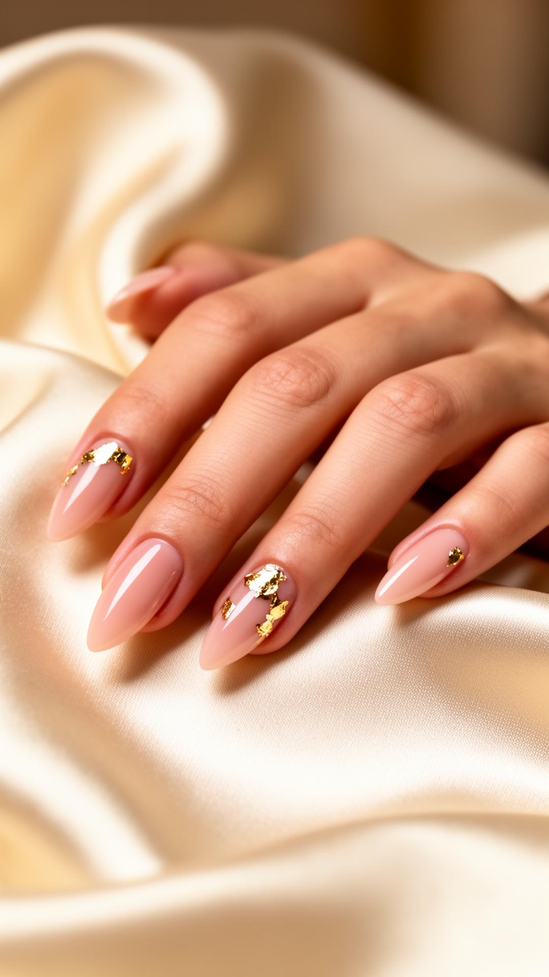 Glossy nude almond nails with gold leaf accents on cream silk